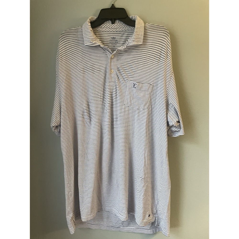 Peter Millar Polo Shirt Mens White Striped Seaside Wash Cotton‎ Stretch Golf XL